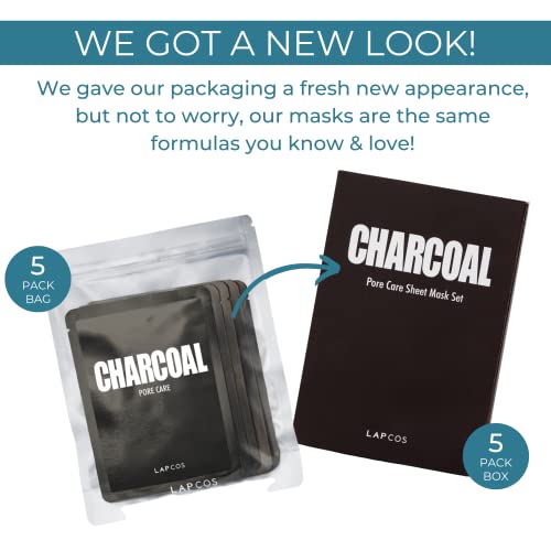 Lapcos Charcoal Sheet Mask, Daily Face Mask With Salicylic Acid And Tea Tree Oil To Detoxify And Tighten Skin, Korean Beauty Favorite, 5-Pack #TOP1