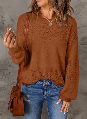Image of SHEWIN Women's Sweaters Casual Long Sleeve V Neck Crewneck Lightweight Crochet Pullover Sweater Tops