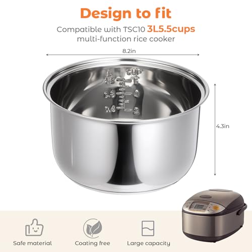 Baderke 304 Stainless Steel Inner Pot Compatible with Zojirushi NS-TSC10 Rice Multi-cooker (5.5 Cups) 3L Inner Bowl Replacement Inner Po