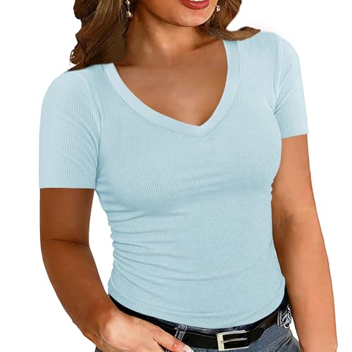 Chulianyouhuo Womens Plus Size Tops V Neck Short Sleeve Ribbed Knit Shirts Summer Fitted Basic Tee Casual Blouse 2026 Blue