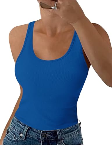 Aottori Royal Blue Tank Tops Women Summer Ribbed Vest Top Ladies Sleeveless Cotton Slim Fitted Stretch Basic Cami Camisole Royal Blue XL