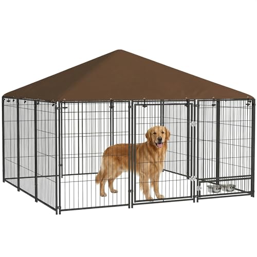 PawHut Recinto per Cani da Esterno, Box per Cani in Acciaio 211x211x151 cm con Tetto Anti-UV, Impermeabile, Ciotola Girevole, Kennel Recinzione Spazioso per Cuccioli, Giardino, Nero e Marrone