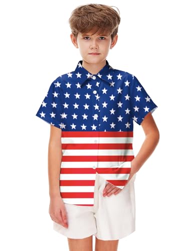 Image of Remimi Unisex Kids 4th of July Button Up Shirt Boys American Flag Print Hawaiian Beach Short Sleeve Tops 5-14 Years