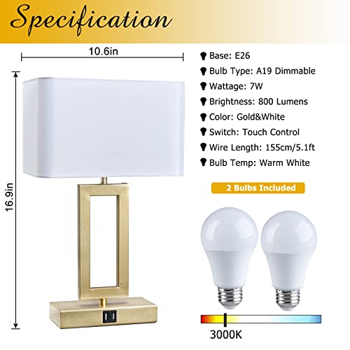 Set Of 2 Table Lamps With Dual Usb Ports,Touch Control For Bedside And Nightstand In Bedroom, 3-Way Dimmable Modern For Desk, Living Room, Office, Led Bulbs Included, Gold&White #TOP3