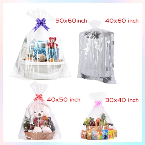 Image of woric 6PCS Extra Large Clear Plastic Bags 40x60 Inch for Storage Gifts | Huge Cellophane Storage Bags Suitcase Covers Bag for Luggage Large Gift Baskets Car Seat Kids Bike Moisture Protection