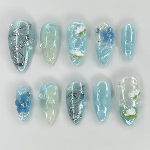 yefiuo Spring Medium Almond Press on Nails Silver Flower Butterfl...