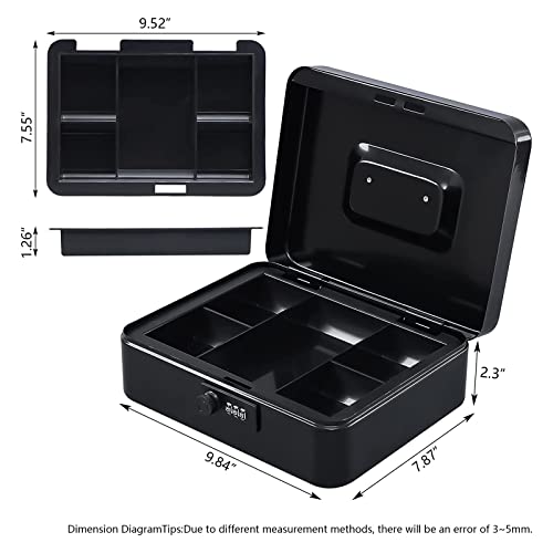 Image of KYODOLED Large Cash Box with Combination Lock Safe Metal Money Box with Money Tray for Security Lock Box 9.84 inchx 7.87 inchx 3.54 inch Black (Pack of 8)