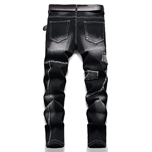 XIMXIMMTIAN Men's Biker Moto Washed Distressed Slim Fit Straight Jeans Denim2