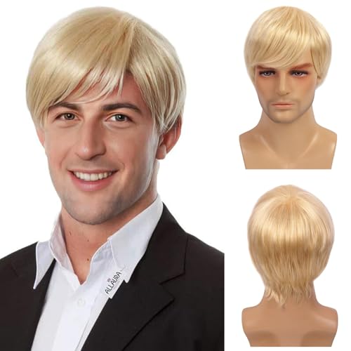 MLPKOI Peluca Rubio para Hombre, Peluca Corta de Pelo Sintético Pelucas Corta de Pelo Hombre Años 60 70 80 de Chico Banda de Popstar para Cosplay, Uso Diario, Disfraz