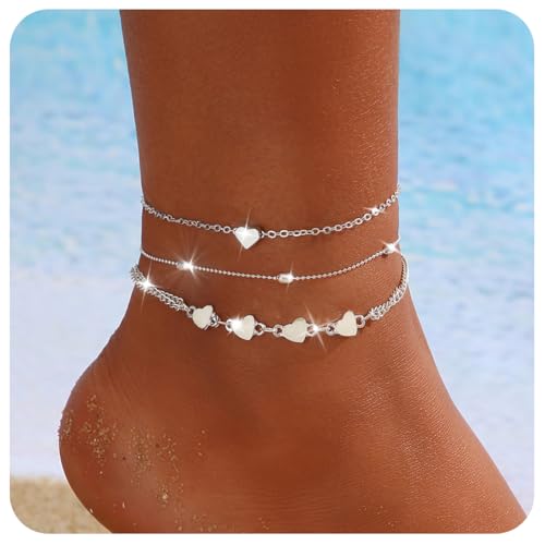 3 Pezzi Cavigliera Impermeabile a Strati per Donna Regolabile, Farfalla Cuore Cavigliere, Cavigliere da Spiaggia Argento...