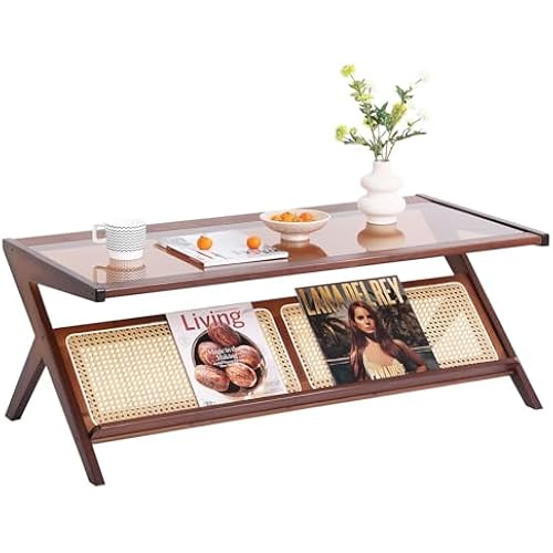 Tiita Brown Rattan Coffee Table, Bamboo Glass Top Table with Storage