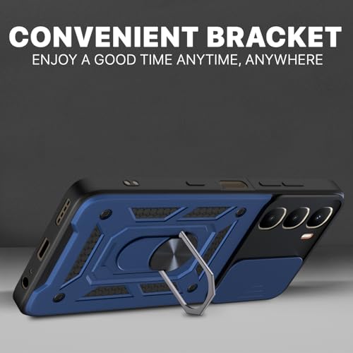 Image of Pikkme Back Cover for Infinix Hot 60 5G | 360 Protection Case | Sliding Camera Shield Cover & Ring Holder Stand D10 Tough Armor Bumper Case (Blue)