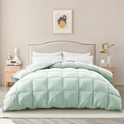 Kapok Down Comforter Queen Size, Recycled White Down and Kapok Blended Filling Winter Duvet for Difficulty Falling Asleep & Sleeping Lightly & Afraid of Cold Sleepers (90x90'', Creamy Green)