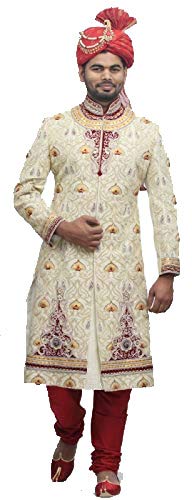 raj design studio Men's Cream Sherwani M/H EMB. with Maroon Churidar Pajama-picture-33