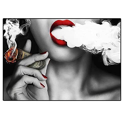 Pintura por números para adultos negro y blanco Glamour mujer con labios rojos fumadores principiantes con pinceles y pigmento acrílico pintado a mano pintura al óleo DIY 40x50cm sin marco
