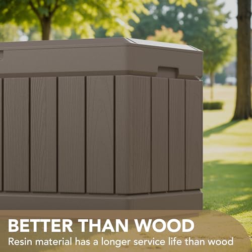 Image of Devoko 85 Gallon Deck Box Lockable Resin Outdoor Storage Box waterproof Outdoor Container for Patio Furniture Cushions, Pillow (Light Brown)