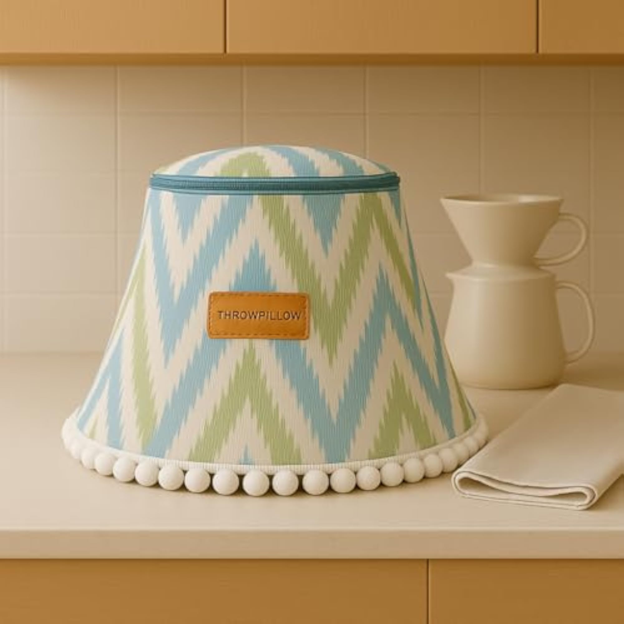 Mixer Cover with Pom Pom Cone Shape Aqua Blue Print