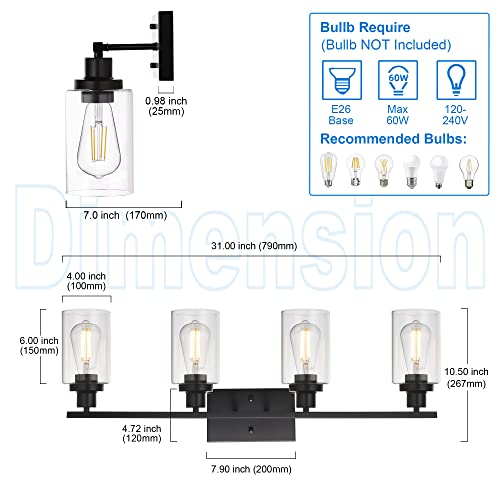 MELUCEE 4 Lights Sconces Wall Lighting Black with Clear Glass Shade, Industrial Bathroom Light Fixtures Vanity Lights Porch Light Fixtures Wall Mount - Thumbnail 2