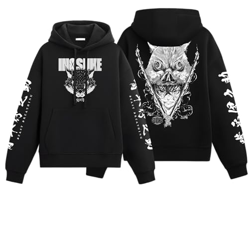 Image of Eshaaver Anime Inspired Design Unisex Pullover Hoodie, Black, Graphic Print Front and Back