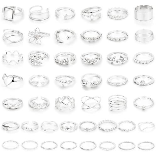 CHICUTIE 46Pcs Gold Knuckle Rings Set For Women, adjustable Gold Rings Pack, Mixed Size Stackable Womens Rings Set Hollow Carved Crystal Stacking Rings Pack