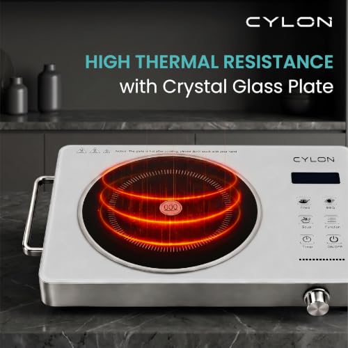 Image of CYLON InfraBlaze 2200W Infrared Cooktop Stove with Grill Rack, Crystal Glass Top, Digital Display, Touch Control, Compatible with All Cookware, Infrared Hot Plate, Silver