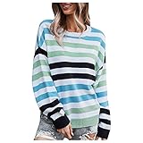Damen Langarm Rundhalsausschnitt Pullover Nähte Farbe Lose Strickpullover Baumwolle Damen Pullover, blau, M