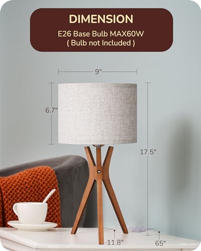 EDISHINE Mid Century Table Lamp Deep Wood Color Light Base Beige Linen Lampshade - Image 8