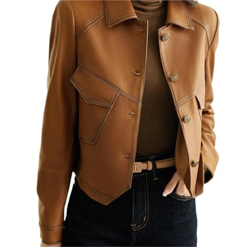 KBLDOPN Chaqueta de cuero de moda primavera otoño for mujer, abrigo corto con solapa y manga larga for motociclista de calle.(Brown,M)