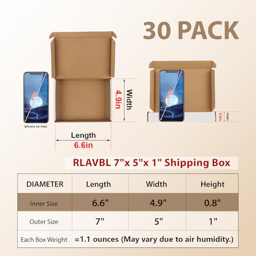 Image of RLAVBL 7x5x1 Shipping Boxes Set of 30, White Corrugated Cardboard Mailer Box for Packing Mailing Small Business