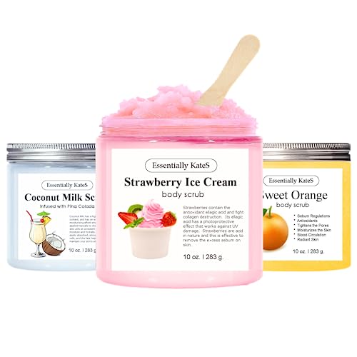 Essentially KateS Body Scrub Set of 3 - Strawberry Ice Cream Body & Foot Scrub 10 oz, Orange Body & Foot Scrub 10 oz, and Coconut Milk Body & Foot Scrub 10 oz - Pack of 3