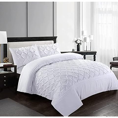 SeventhStitch Luxury Pintuck Duvet Cover with Pillow Cases 100% Microfiber White Quilt Covers Pin tuck Bedding Bed Set Double King Super King Size (White, Double) Cover