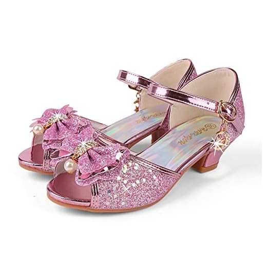 Prinsesskor för flickor, sommar, barn, med klack, glitter fjäril sandaler cosplay kostym tillbehör karneval fest aftonskor, stängda enstaka skor, - Rosa 3 - 27 EU