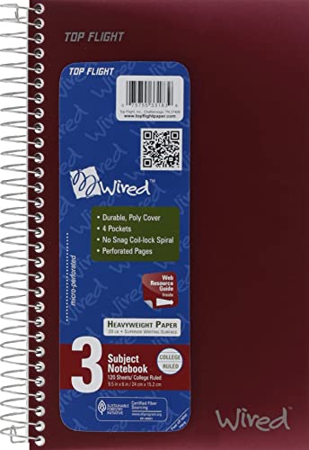 Top Flight Wired 3-Subject Notebook, 120 Sheet