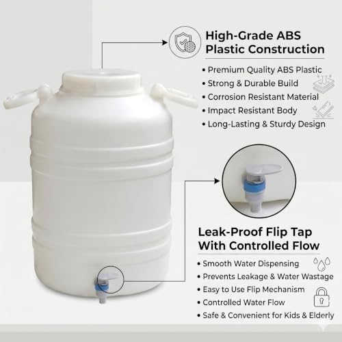 Image of NAKSHATHRA Water Dispenser with Tap, Plastic Water Storage Drum, Open Top with Lid, Ideal for Home, Kitchen & Office, Food Grade HDPE Material, UV-Stabilized - 30 litres (White)