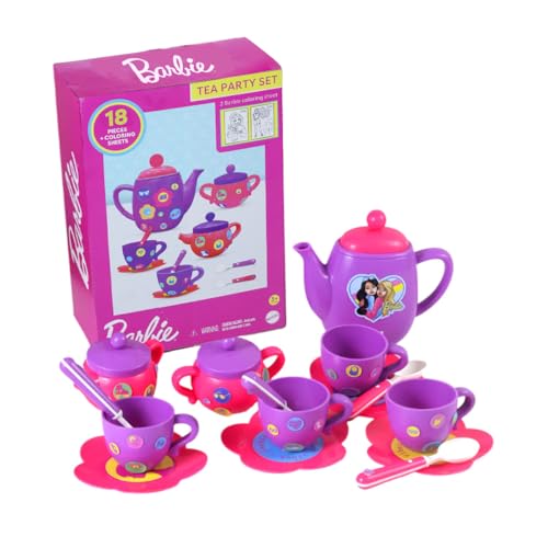 Image of Barbie Tea Party Set by GENIE'S TOY BUS for Kids | Tea Party Set Including Cups, Saucers,Tea Pot,Sugar Bowl, 2 Color Sheet, etc | Kitchen Toy Gift for Toddler Kids Girls 3 Yrs+ | ( Purple Color )