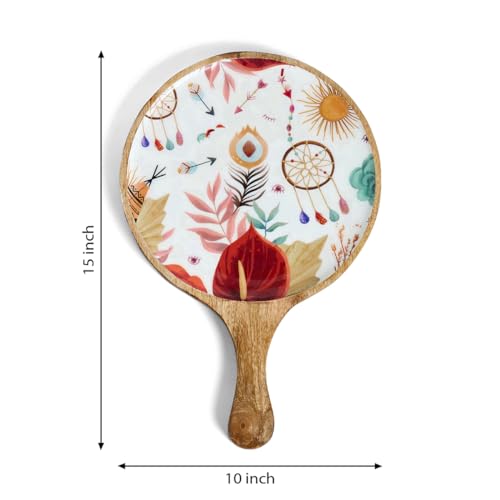 Image of Saaga Burnt Sienna Mango Wood Pizza Serving Tray - Stylish Round Snack Plate (15x10 Inch) for Kitchen, Home, Cafes & Restaurants