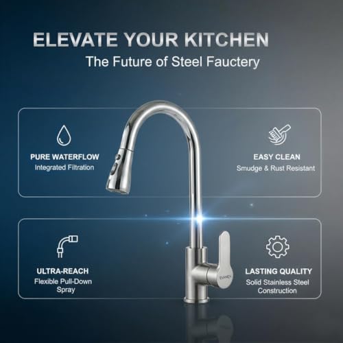 Image of EVANEX Kitchen Faucet 304 Grade Stainless Steel Pull Down Kitchen Faucet 360 Degree Rotating Tap for Sink Water Saving Aerated Flow Deck Mounted Kitchen Sink Faucet