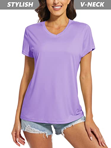 Magcomsen Running T Shirts For Women Dry Fit Baselayer Shirts Short Sleeve Hiking Shirt Outdoor Tee Fishing Tops T-Shirts Sportswear Uv Protection Shirts Light Purple #TOP2