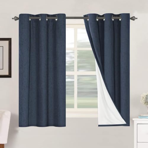 H.VERSAILTEX 100% Blackout Linen Curtains 54" L 2 Panels Navy