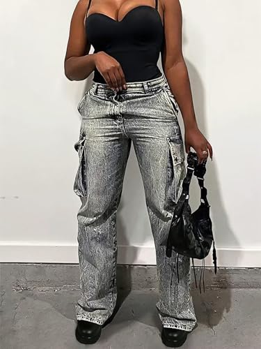 Flamingals Cargo Jeans for Women Straight Leg High Waist Casual Flap Pocket Black Wash4