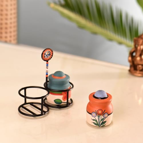 Image of Aakriti Art Creations Inu-Minu Salt & Pepper Set with Handpainted Stand | Handcrafted Floral Art Kitchen & Dining Dispenser Set | Salt Pepper Shaker for Dining Table | Kitchen Decor Items Stylish