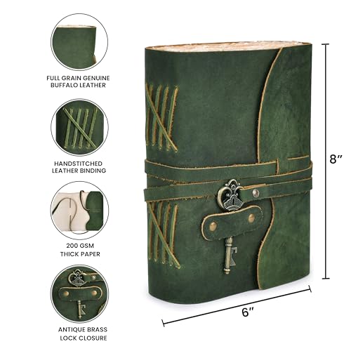 Image of LEATHER VILLAGE Vintage Leather Bound Journal, Junk Journal For Men & Women | Handmade Deckle Edge paper, 200 Blank Pages , Grimoire, Book Of Shadows, Sketchbook, Scrapbook, Leather Journal , Green 8x6