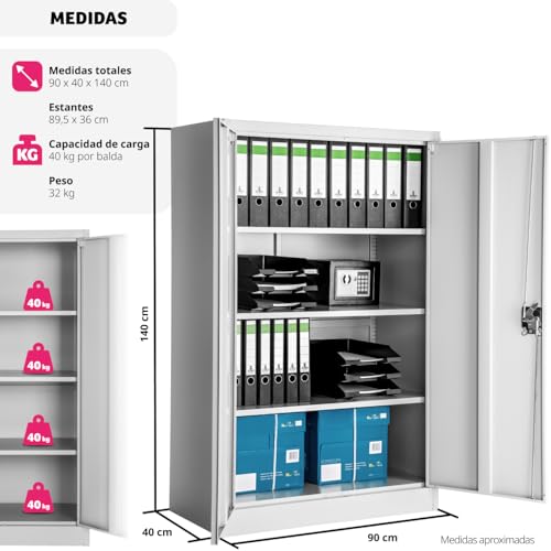 TecTake® Armario Archivador, Cierre De Seguridad, 4 Alturas, Cajones Ajustables, Mueble Oficina, Acero, Puertas Reforzadas, Limpieza Sencilla, Candado De Seguridad - 140x40x90cm Gris - Imagen 4