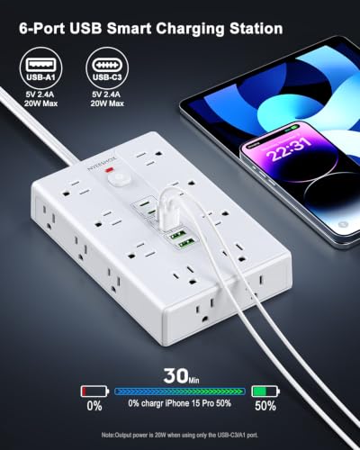 Image of Surge Protector Power Strip with 16 AC Outlets 6 USB Ports(3 Type C)