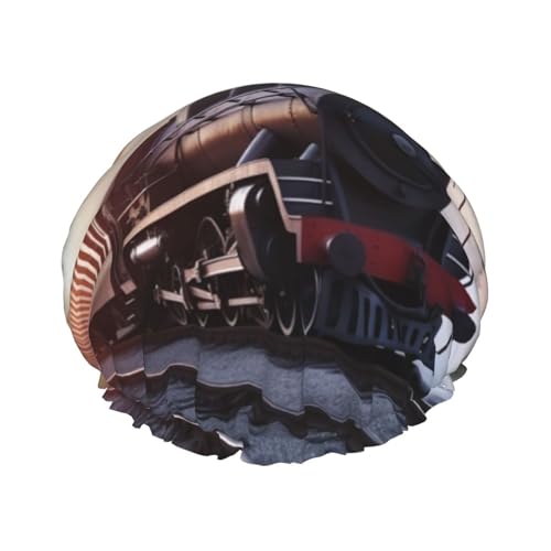 Bonnet de douche motif train à vapeur pour homme et femme - Grand bonnet de douche réutilisable double couche imperméable - Bande élastique - Pour toutes les coiffures - Facile à transporter