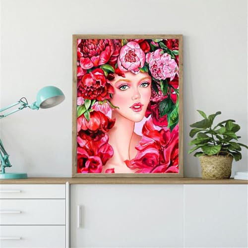 Peinture diamant fille pivoine rouge 80x100cm : finis les symboles illisibles en broderie diamant