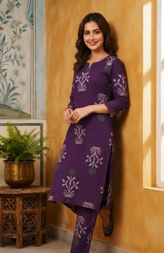 Image of CREATION & YOU Women Cotton Printed Kurta with Palazzo Set | Work /Office Wear Kurta Set for Women