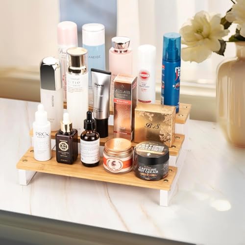 Image of 3 Tier Wooden Spice Rack for Kitchen Countertop -Step Shelf Organizer for Spices, Jars & Condiments | Metal Frame Wood Shelf For Counter Storage - Walnut (35 x 24 x 15 cm)