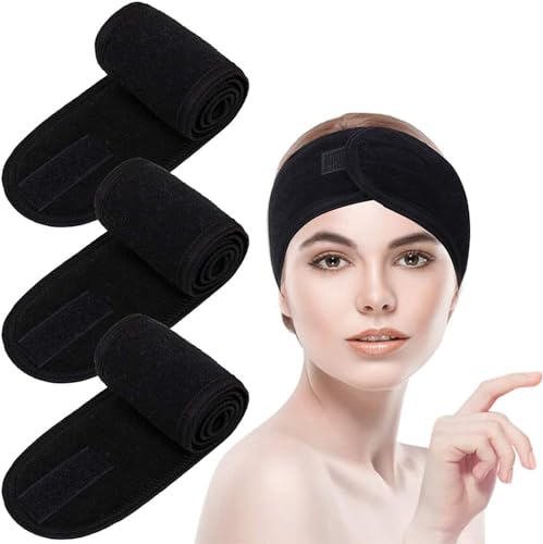 Diadema de Maquillaje para Lavado de Cara - Banda Elástica para Cuidado Facial, Spa y Mascarillas, Suave y Absorbente, Ideal para Rutina de Belleza, Cabello Recogido (Negro - 3 pcs)