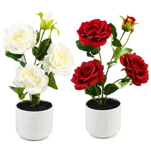 Artificial Rose Potted Plant, 28cm Fake Rose Flowers with White Ribbed Pot